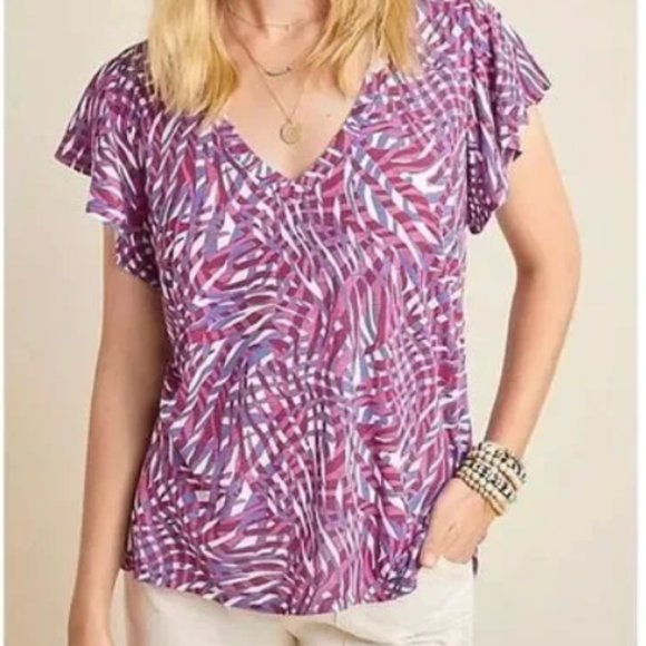 Anthropologie T.La Purple Zebra Print Flutter Sleeve Tee - Picture 1 of 8